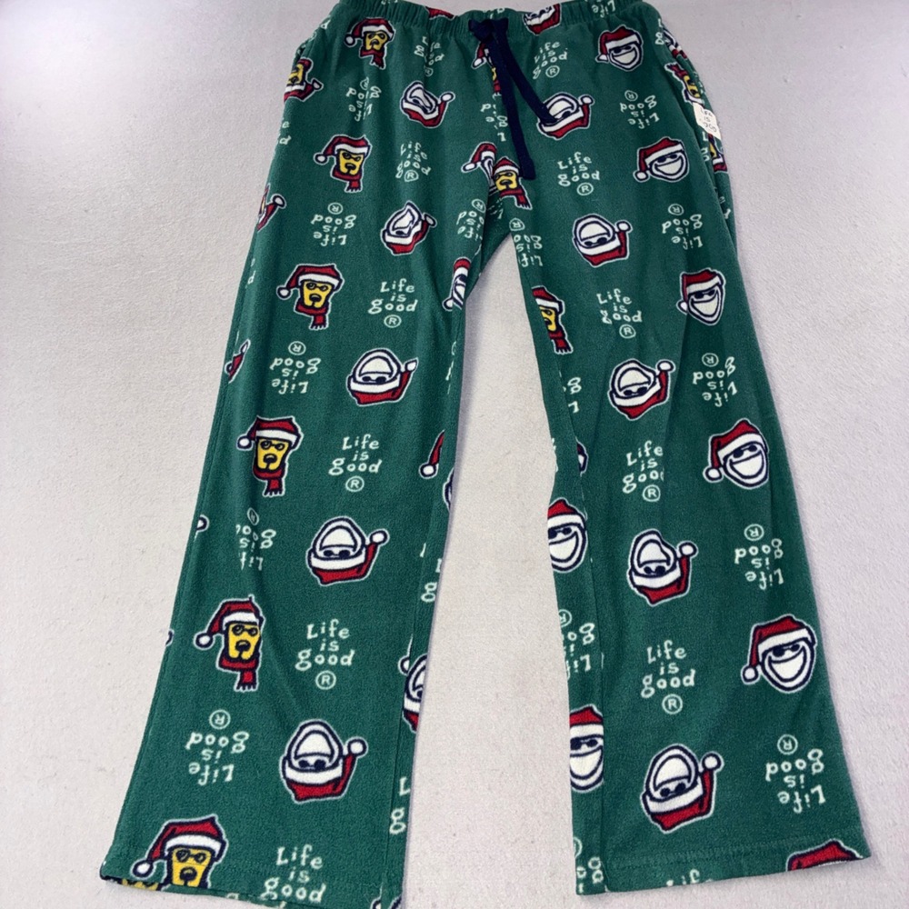 Life is Good Pajama Pants Mens Medium Green Santa Hat Jake Fleece Sleepwear